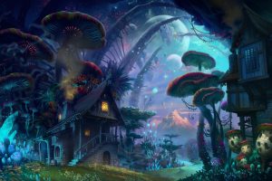 house, Mountains, Mushroom, Fantasy art