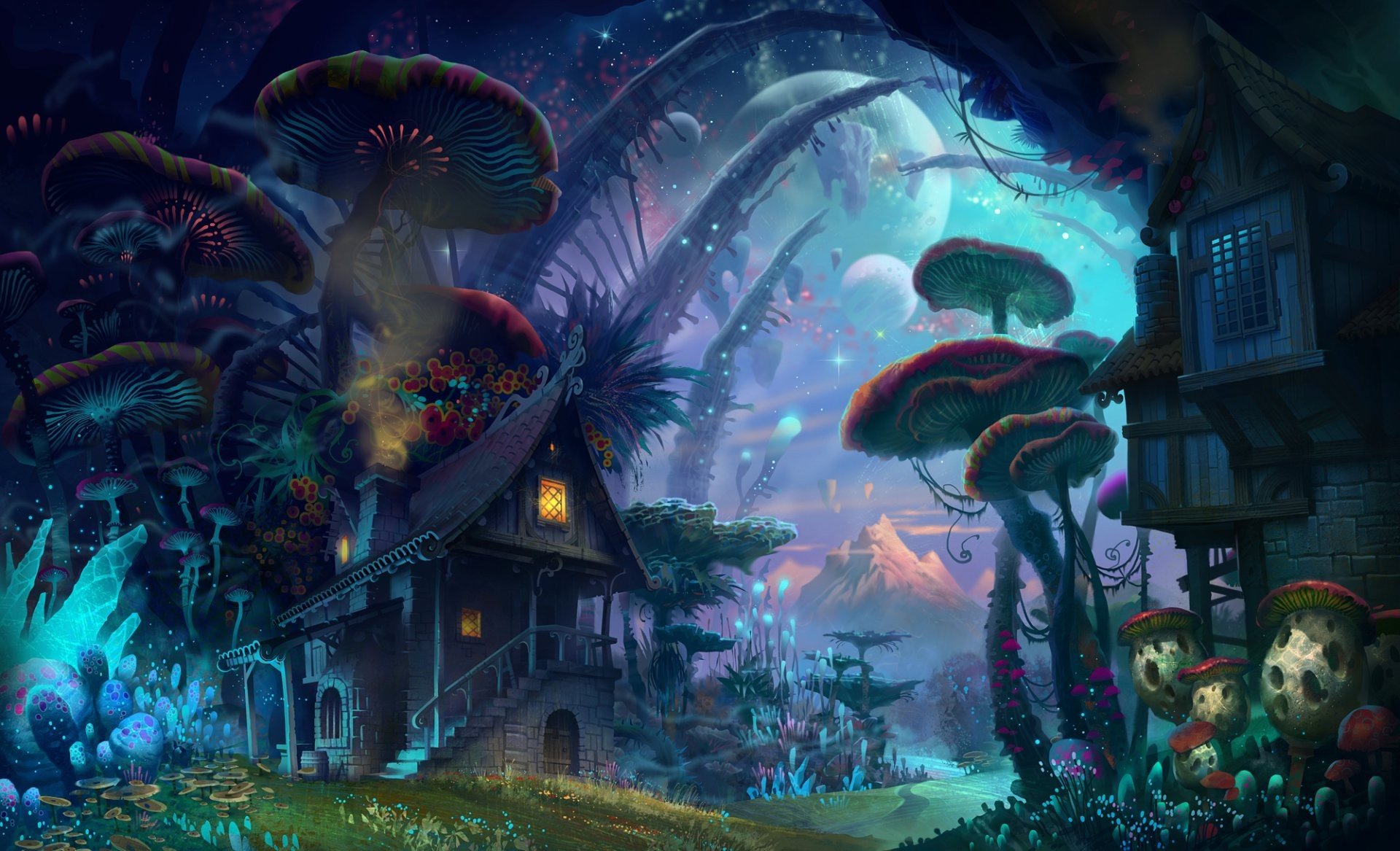 house, Mountains, Mushroom, Fantasy art Wallpaper