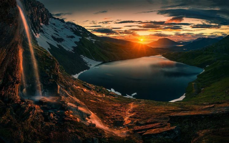 horizon, Lake, Landscape, Sunset, Waterfall HD Wallpaper Desktop Background