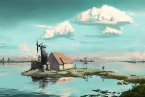 futuristic, Digital art, Water, Windmill, Clouds