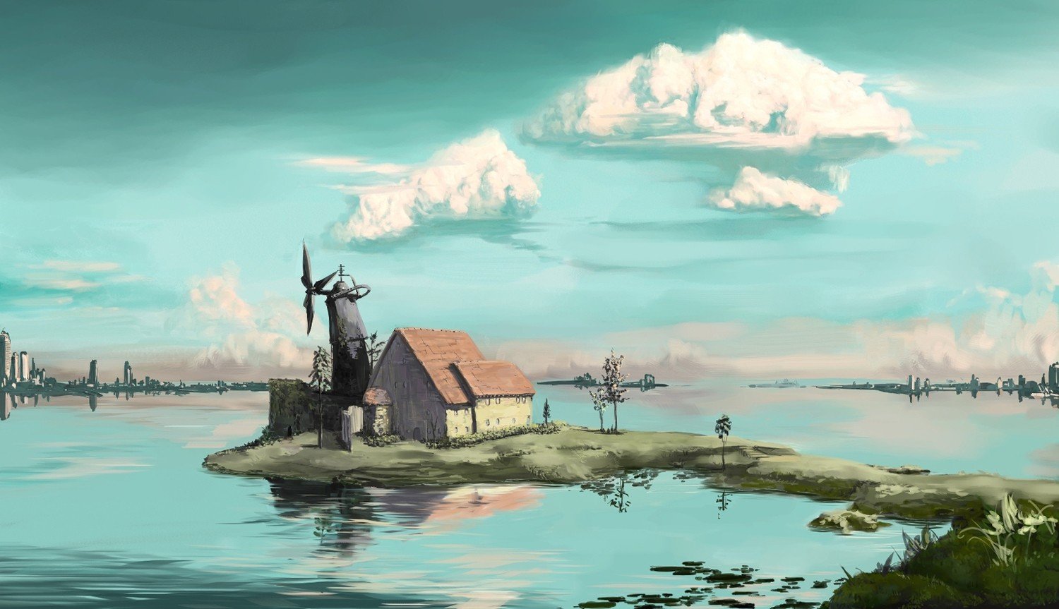 futuristic, Digital art, Water, Windmill, Clouds Wallpaper
