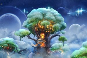 fantasy art, Sky, Treehouse, Trees, Space, Dragon