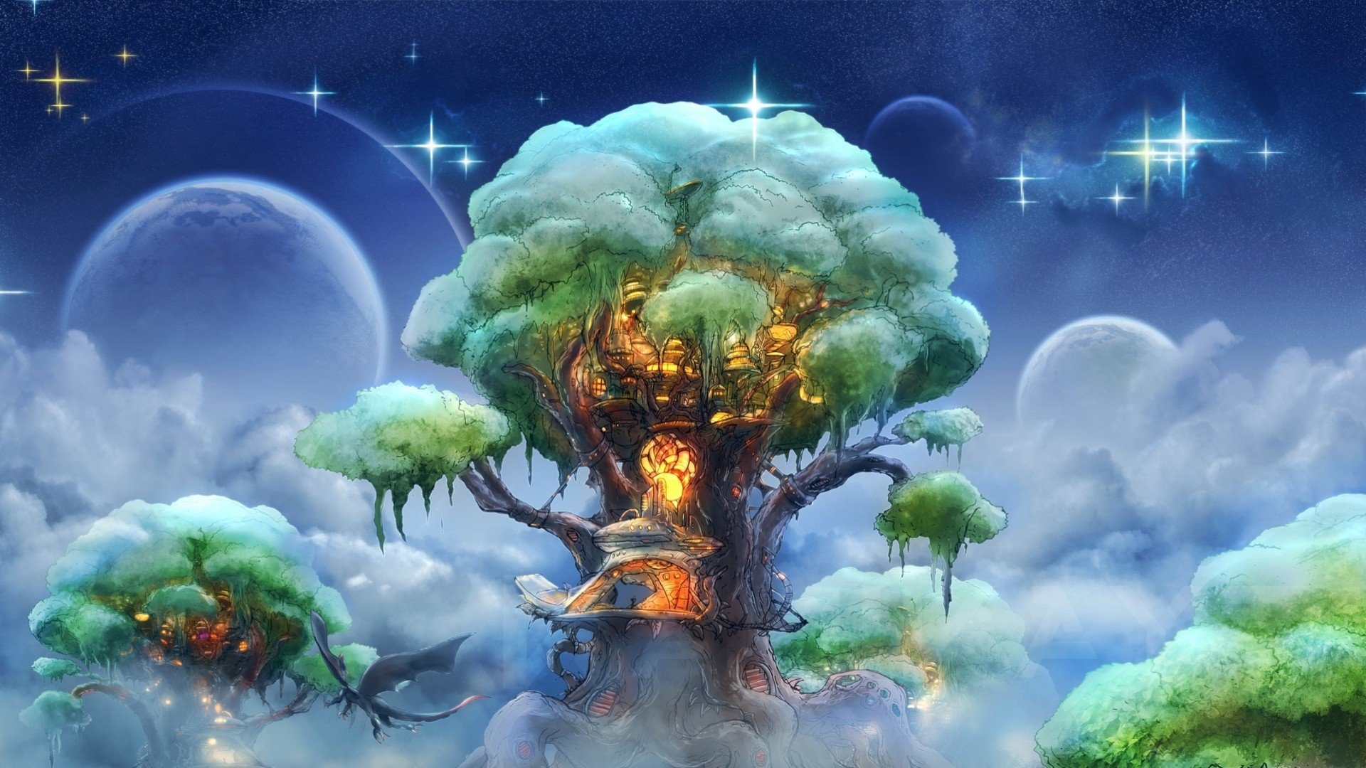 fantasy art, Sky, Treehouse, Trees, Space, Dragon Wallpaper