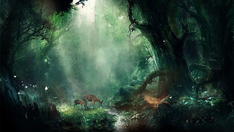 fantasy art, Forest, Deer, Fawns HD Wallpaper Desktop Background