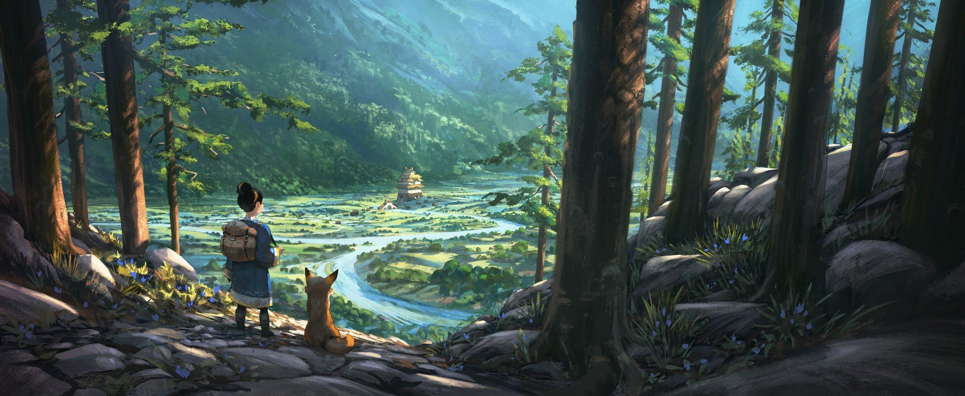 forest, Fox, Valley, Building, Mountains, Flowers, Rock, Water, Grass, Backpacks, River, Digital art, Landscape Wallpaper