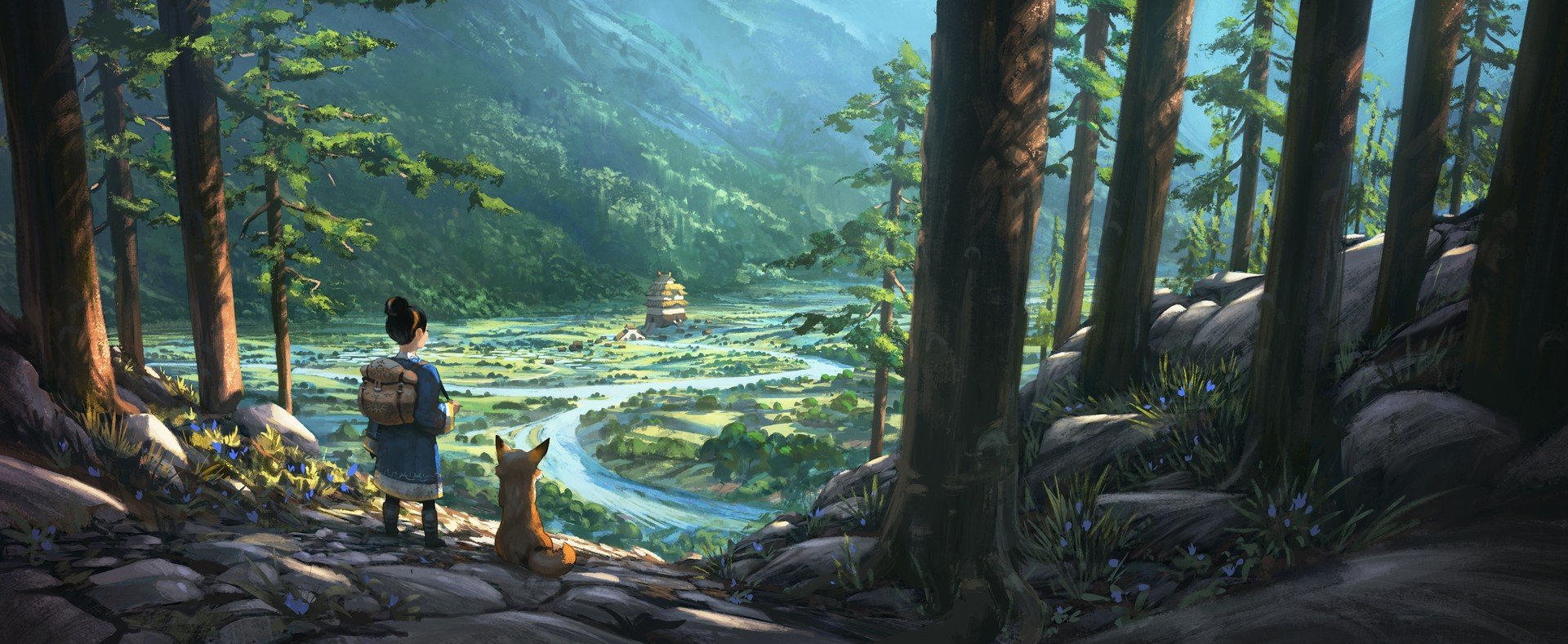 forest, Fox, Valley, Building, Mountains, Flowers, Rock