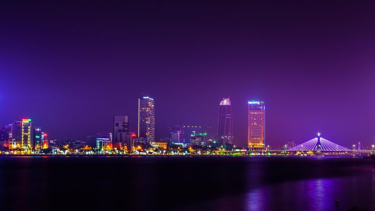city, Building, Bridge, Night, Lights, Vietnam, Danang, Cityscape HD Wallpaper Desktop Background