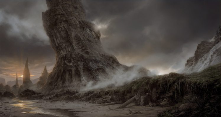 fantasy art, Rock, Wreck, Water, Clouds HD Wallpaper Desktop Background