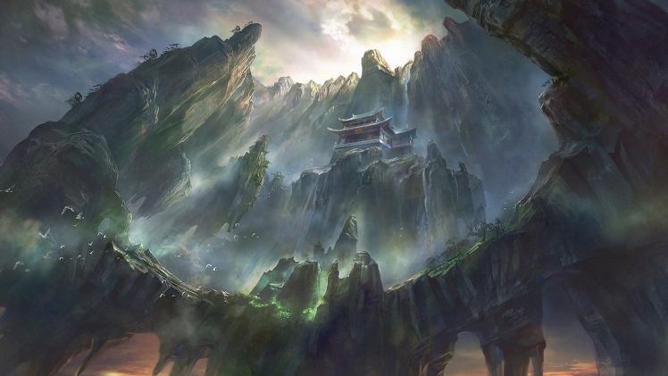 fantasy art, Clouds, Castle, Mountains, Trees, Birds HD Wallpaper Desktop Background