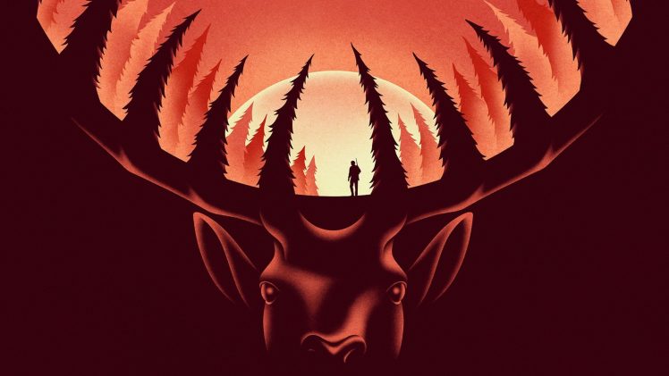 hunter, Nature, Animals, The Deer Hunter, Deer, Movies, Movie poster, Antlers, Trees, Simple background, Moon HD Wallpaper Desktop Background