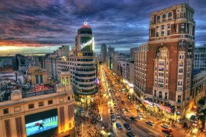 road, Sky, Clouds, Sunset, Lights, Evening, Spain, Street, Madrid, Cityscape, HDR