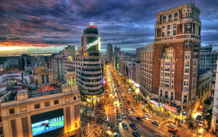 road, Sky, Clouds, Sunset, Lights, Evening, Spain, Street, Madrid, Cityscape, HDR HD Wallpaper Desktop Background