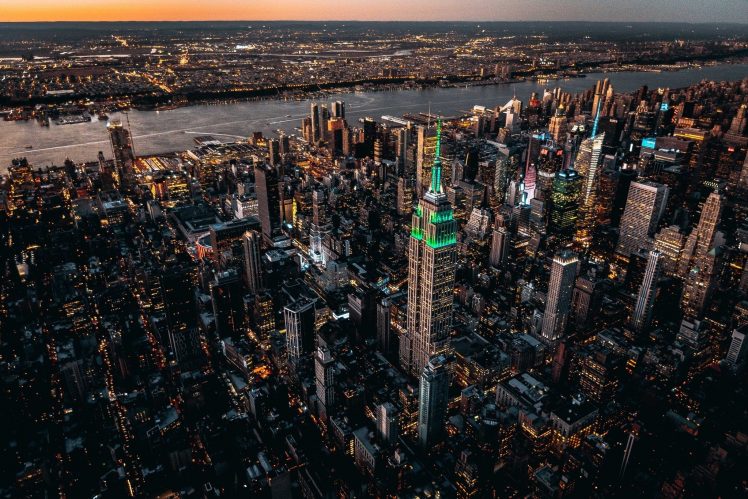 city, Cityscape, Lights, Evening, USA, New York City, Building, River, Depth of field HD Wallpaper Desktop Background