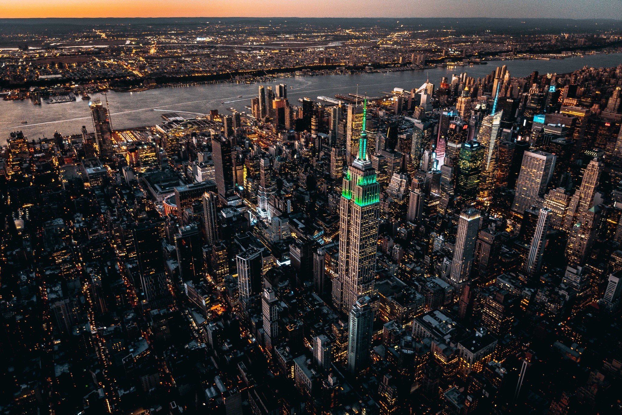 city, Cityscape, Lights, Evening, USA, New York City, Building, River, Depth of field Wallpaper