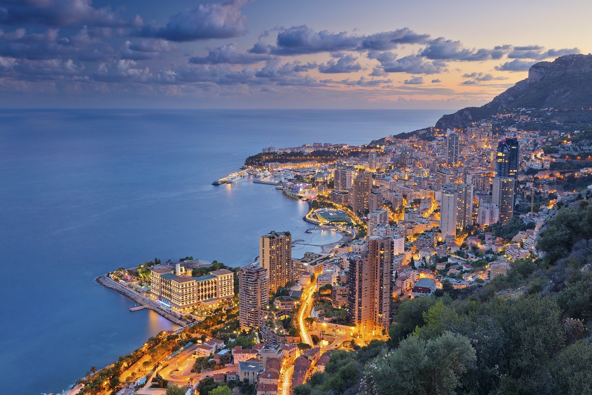 sea, Panoramas, Night, City, Monaco, Sky, Lights Wallpaper
