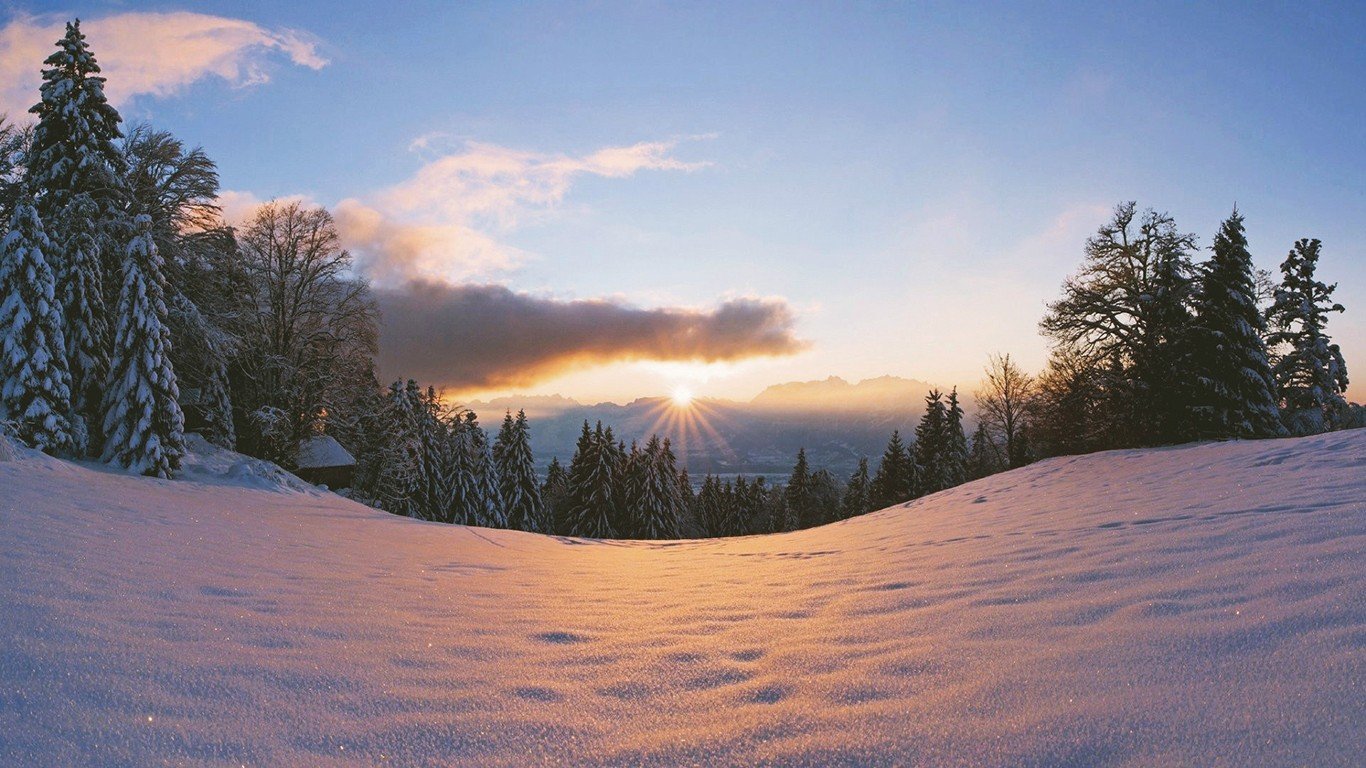 sunset, Winter, Snow, Trees Wallpaper