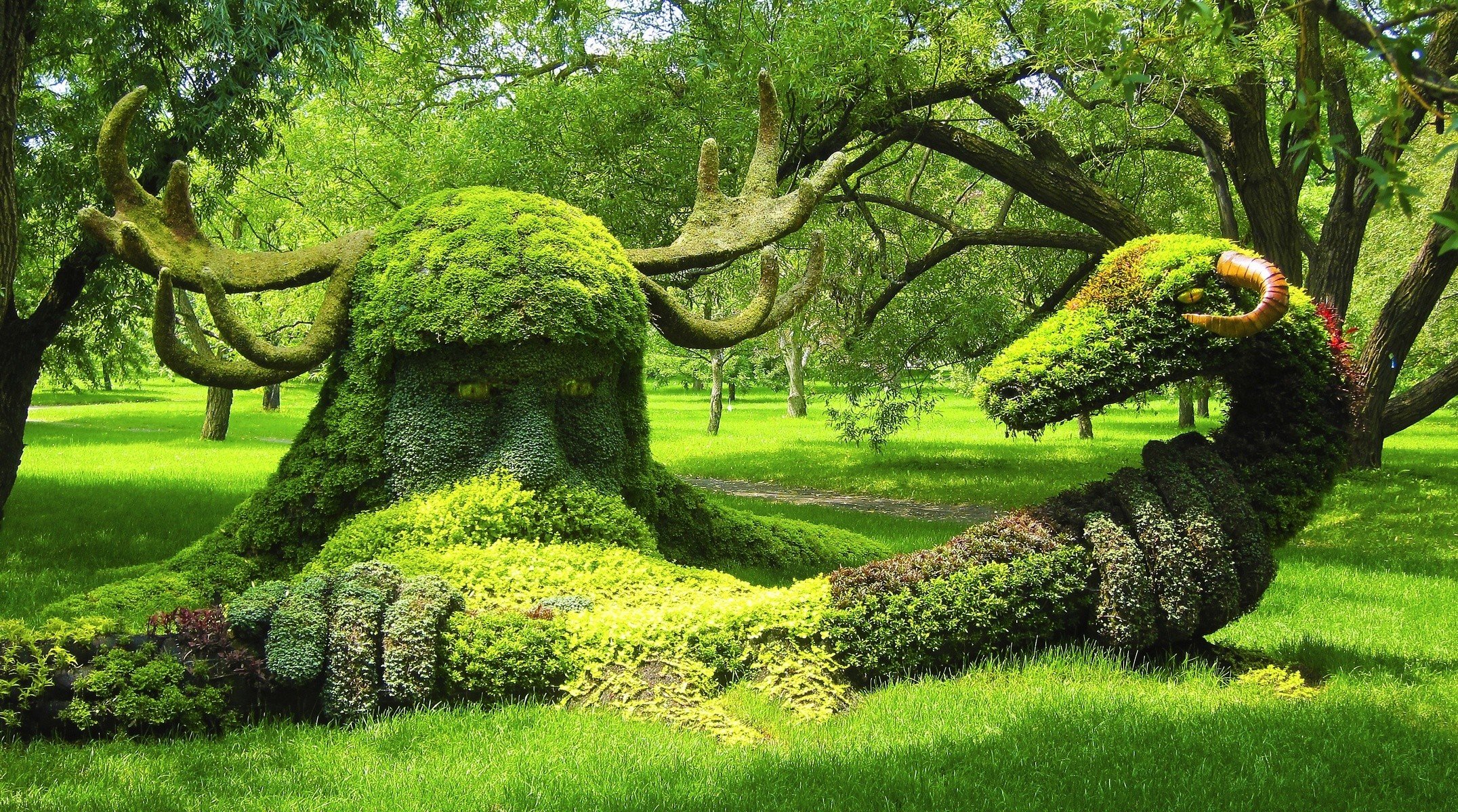 Montreal, Garden, Canada, Snake, Horns, Park, Trees, Grass Wallpaper