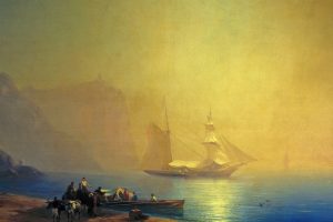 Ivan Aivazovsky, People, Artwork, Painting, Classical art, Water, Sea, Sailing ship, Ivan Konstantinovich Aivazovsky, Boat, Cliff, Sunlight