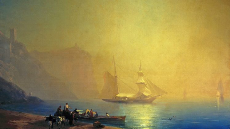 Ivan Aivazovsky, People, Artwork, Painting, Classical art, Water, Sea, Sailing ship, Ivan Konstantinovich Aivazovsky, Boat, Cliff, Sunlight HD Wallpaper Desktop Background