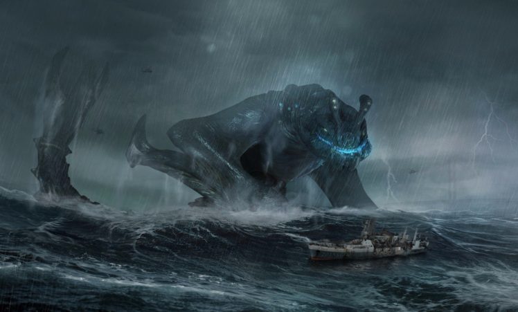 fantasy art, Pacific Rim, Kaiju, Sailing ship, Rain, Storm HD Wallpaper Desktop Background