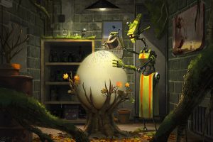 fantasy art, Robot, Eggs, Plants, Lights