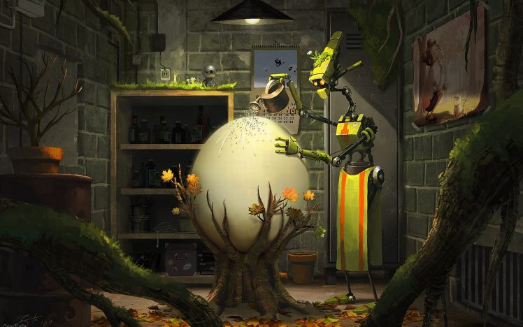fantasy art, Robot, Eggs, Plants, Lights HD Wallpaper Desktop Background