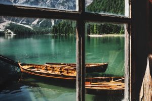 nature, Water, Canoes, Trees, Mountains, Snowy peak, Forest, Window, Lake