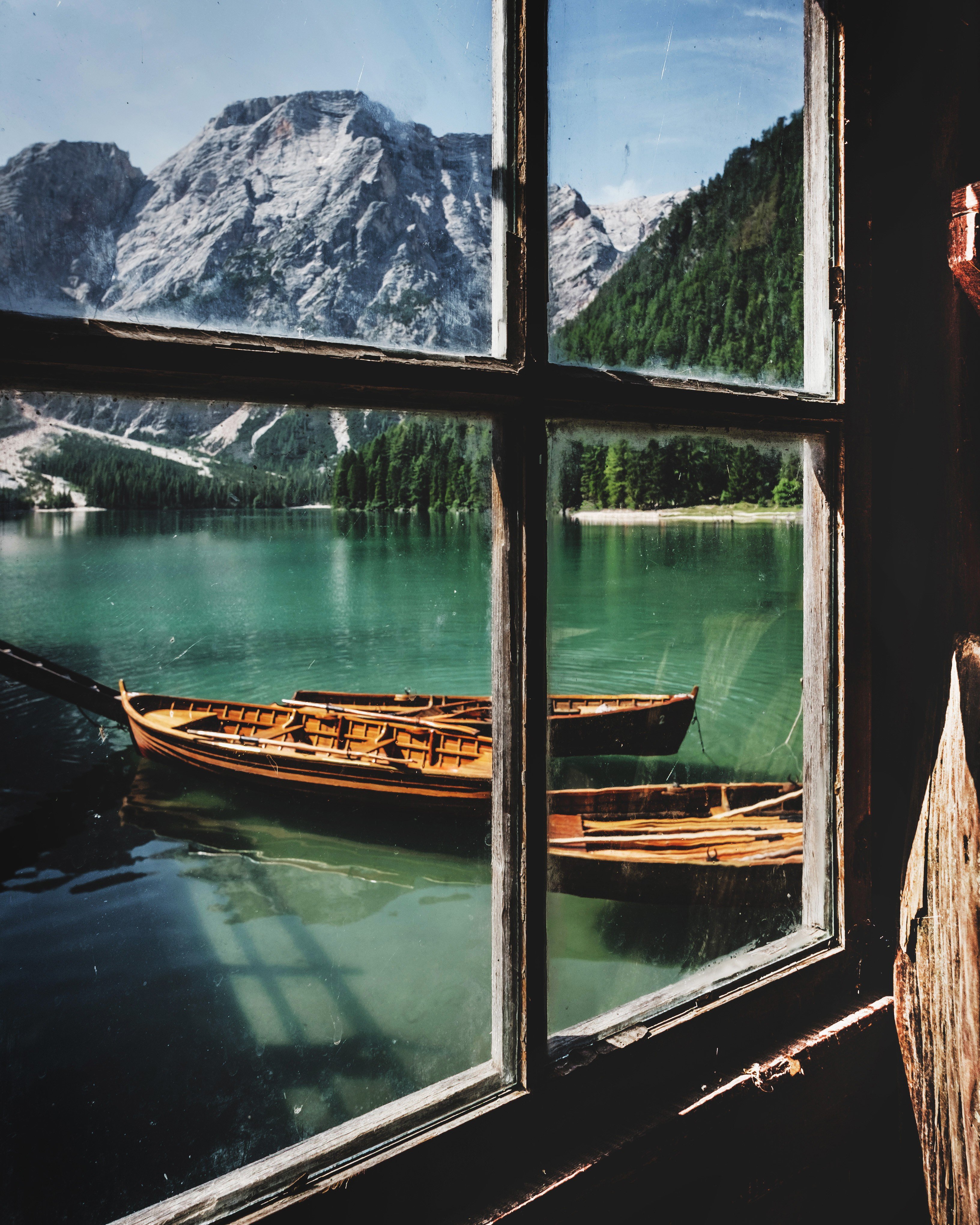 nature, Water, Canoes, Trees, Mountains, Snowy peak, Forest, Window, Lake Wallpaper