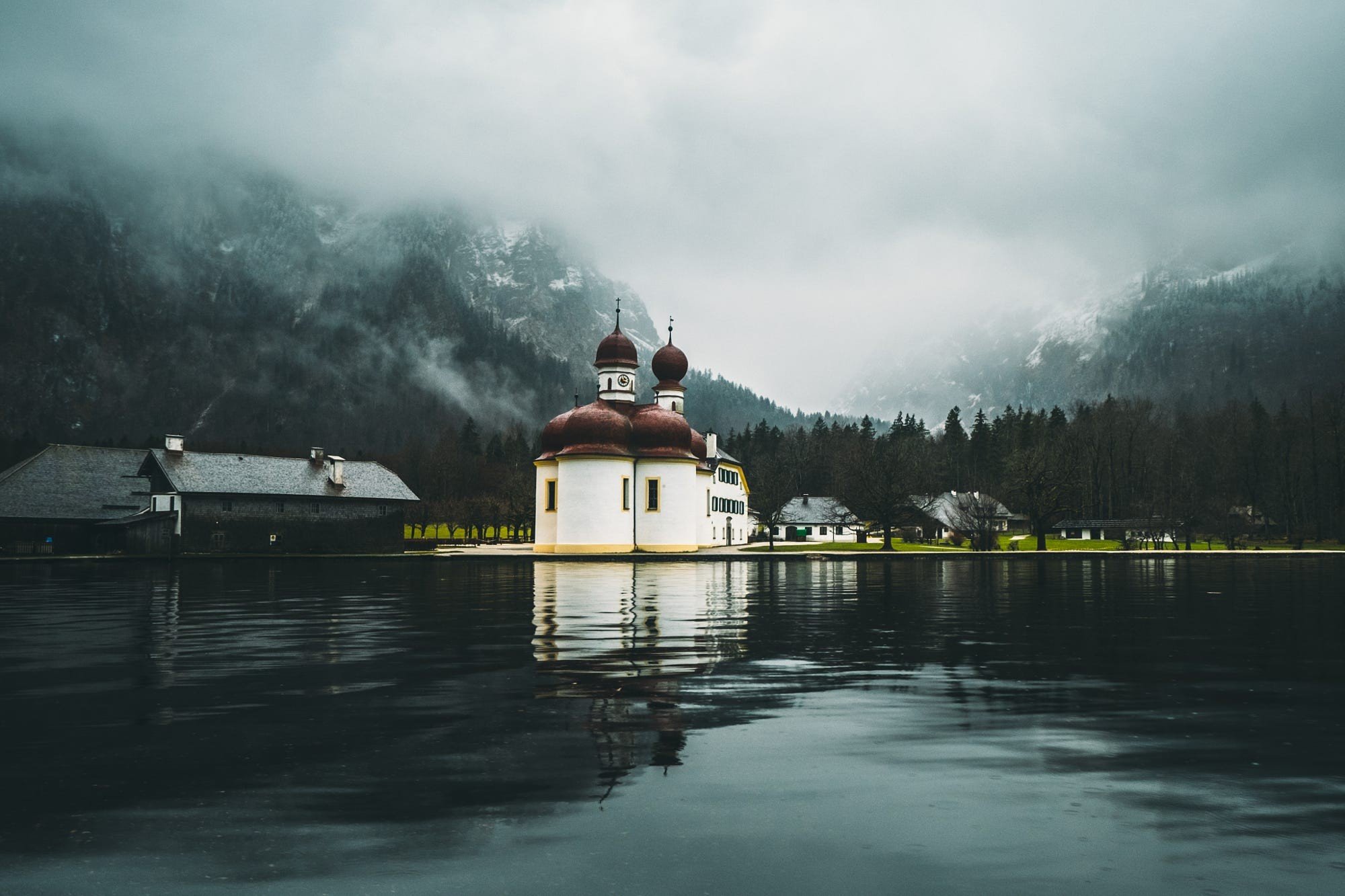 castle, Mist, Lake, Trees, Reflection, Mountains Wallpaper