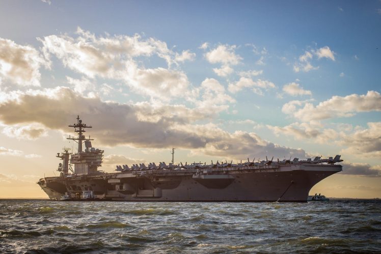 USS George H.W. Bush (CVN 77), Jet fighter, Pacific Ocean, Clouds, Sky HD Wallpaper Desktop Background