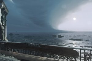 karnaka, Dishonored 2, Dishonored, Dunwall, Landscape, Sunflowers, Clouds, Bench, Coast, Island, Steampunk