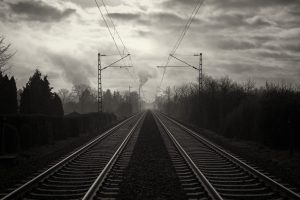 railway, Symmetry, Trees, Clouds, Monochrome