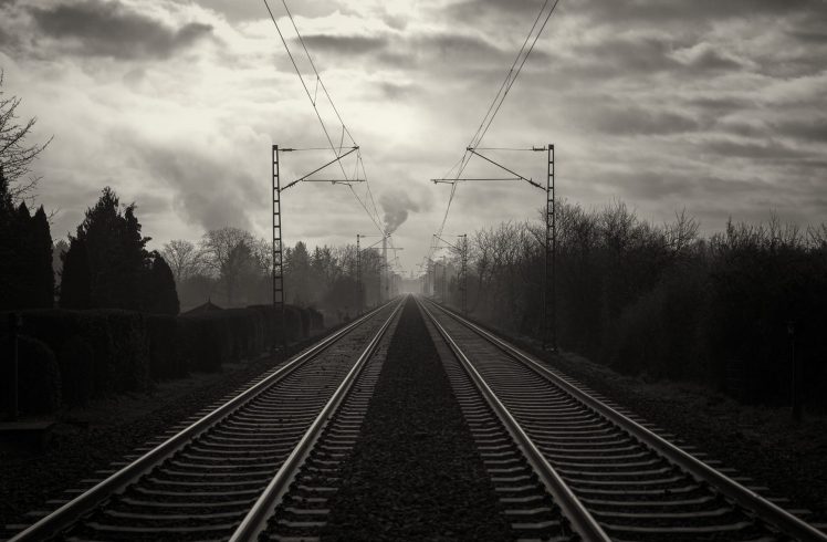 railway, Symmetry, Trees, Clouds, Monochrome HD Wallpaper Desktop Background