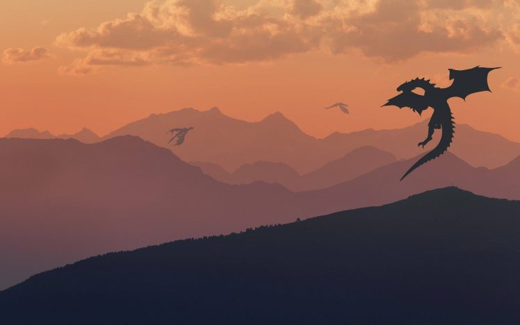 dragon, Fantasy art, Landscape, Mountains, Clouds, Silhouette, The Elder Scrolls, The Elder Scrolls V: Skyrim HD Wallpaper Desktop Background