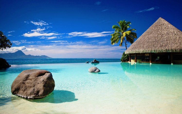 beach, Sea, Rocks, Rock, Blue, Palm trees, Tropical, Sky, Building, Stones HD Wallpaper Desktop Background