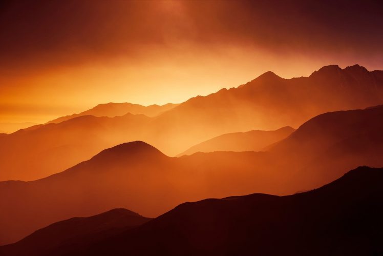 nature, Landscape, Mountains, Mist, Sunlight, Orange, Red HD Wallpaper Desktop Background