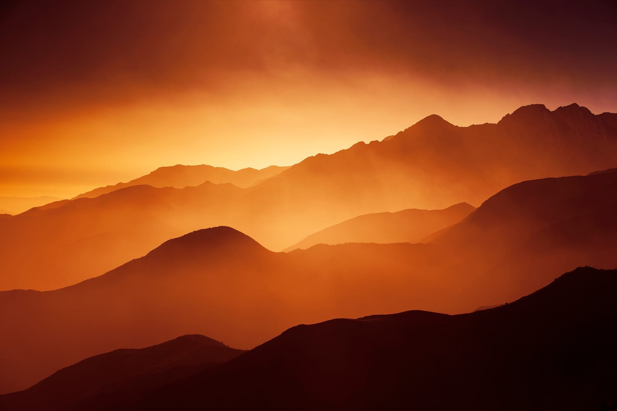 nature, Landscape, Mountains, Mist, Sunlight, Orange, Red Wallpaper