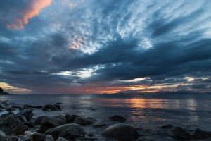 nature, Landscape, Clouds, Rocks, Water, Reflection, Sunset, Boat