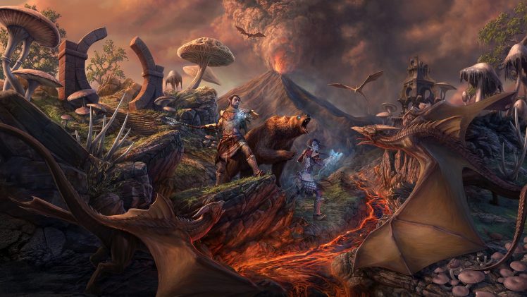 The Elder Scrolls Online, The Elder Scrolls III: Morrowind, Volcano, Grizzly bear, Video games, Wyvern, Cliffracer HD Wallpaper Desktop Background
