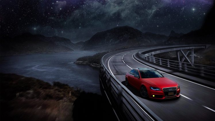 Audi, Audi A4, Audi B8, Red cars, Car, Mountains, Starry night, Road, Sports car, Matte paint, Matte red, Space, Nebula, Water, Bridge HD Wallpaper Desktop Background