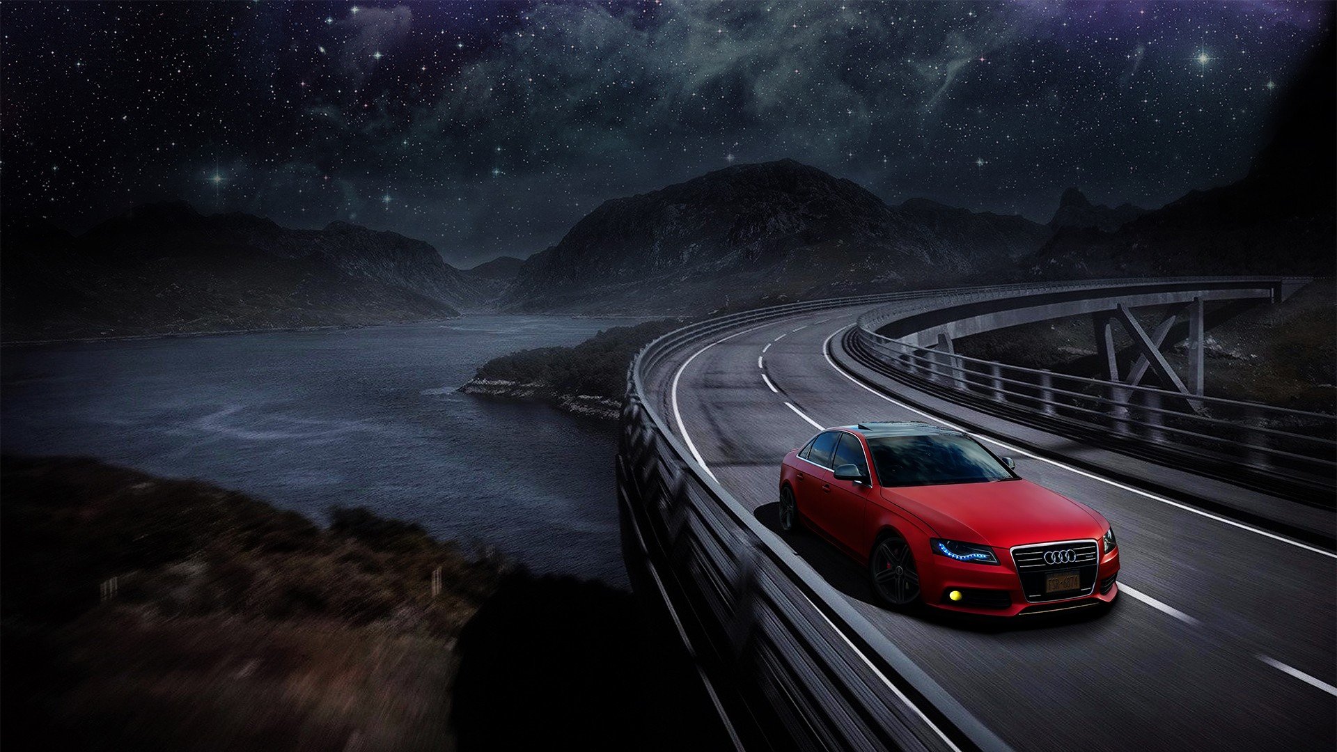 Audi, Audi A4, Audi B8, Red cars, Car, Mountains, Starry night, Road, Sports car, Matte paint, Matte red, Space, Nebula, Water, Bridge Wallpaper