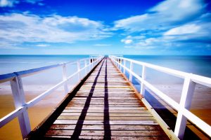 bridge, Pier, Sky, Clouds, Sea, Water, Sand, Blue, Yellow, Orange, Wood, White, Horizon