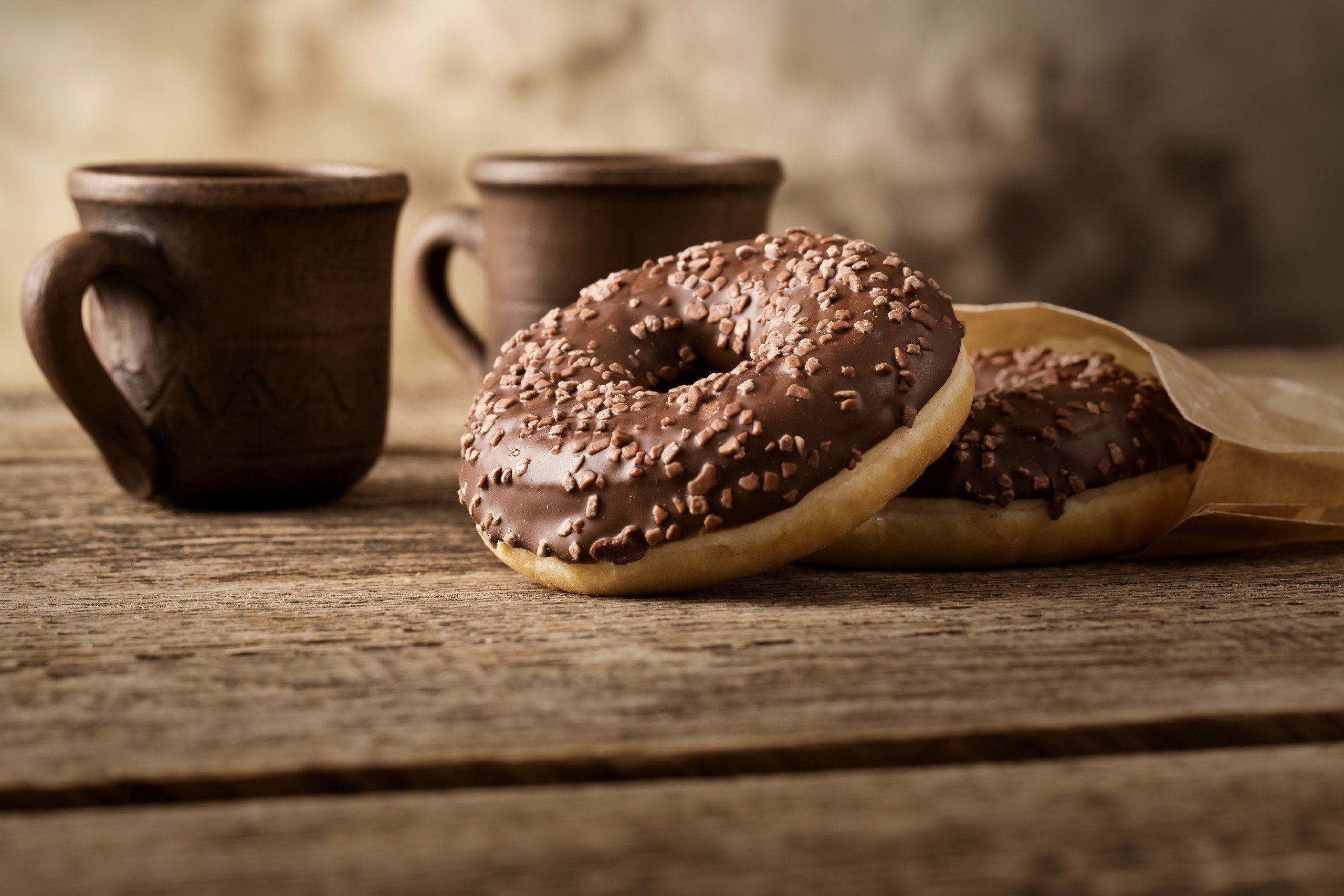 wooden surface, Brown, Cup, Food, Donuts Wallpaper