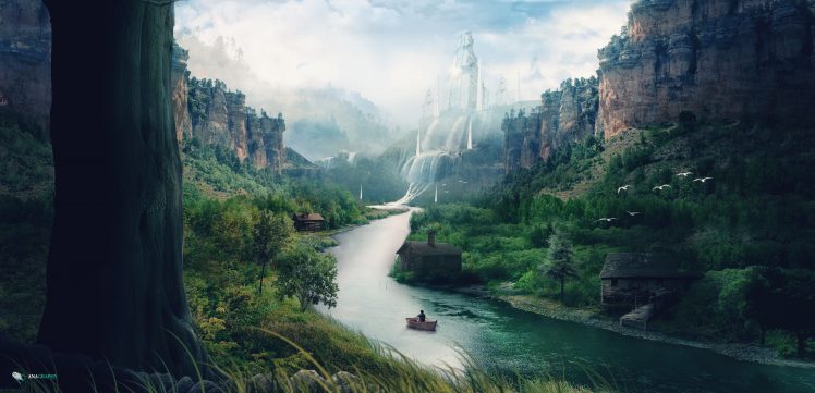 landscape, River, Mountains, Stream, Waterfall, Boat, Matte painting HD Wallpaper Desktop Background