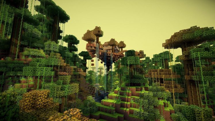 Minecraft, Video games, Trees, Forest, Waterfall HD Wallpaper Desktop Background