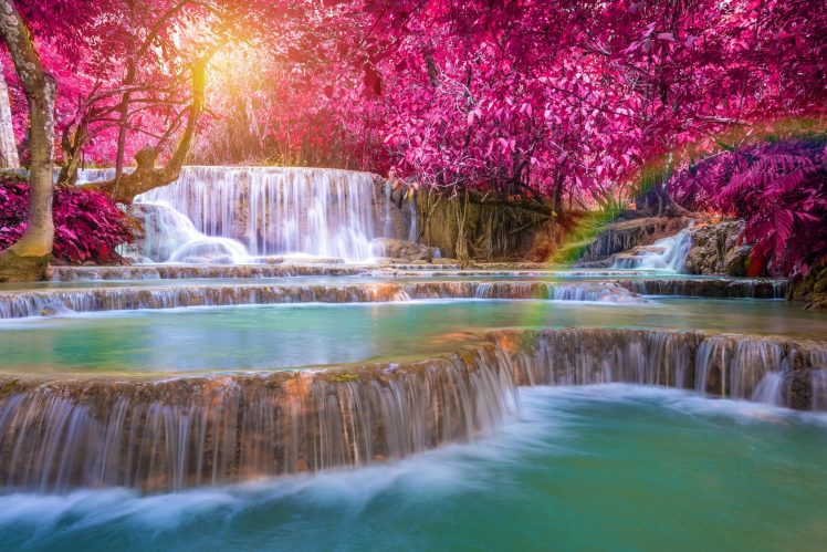 waterfall, Trees, Fall, Laos, Rainbows HD Wallpaper Desktop Background