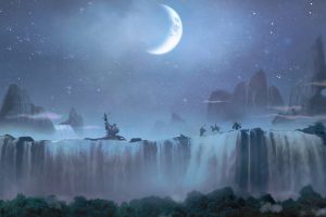 Moon, River, Mountains, Rock formation, Trees, Forest, Waterfall, Fantasy art, Landscape, Clouds, Horse, Digital art