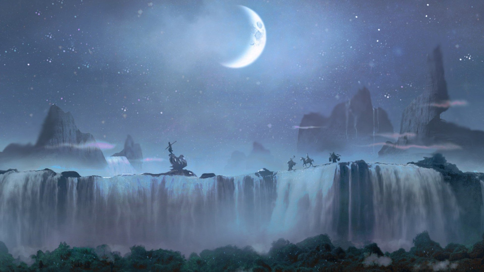 Moon, River, Mountains, Rock formation, Trees, Forest, Waterfall, Fantasy art, Landscape, Clouds, Horse, Digital art Wallpaper