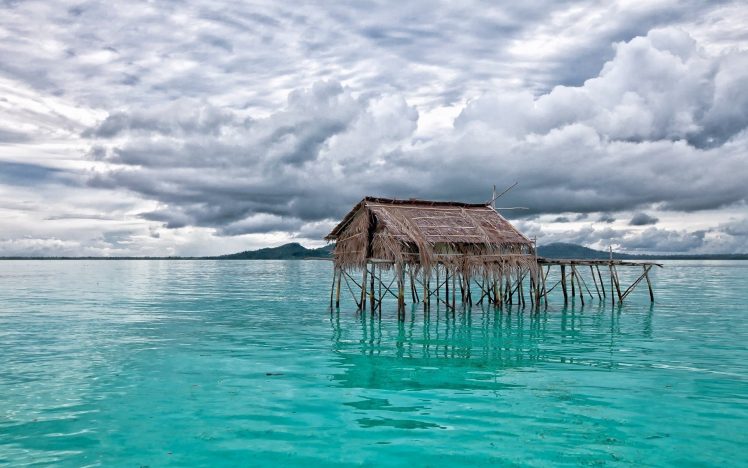 hut, Piles, Clouds, Sea, Mountains, Nature, Water HD Wallpaper Desktop Background