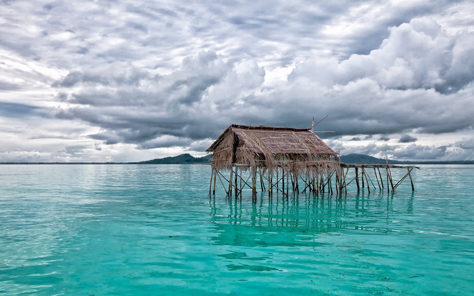hut, Piles, Clouds, Sea, Mountains, Nature, Water Wallpaper